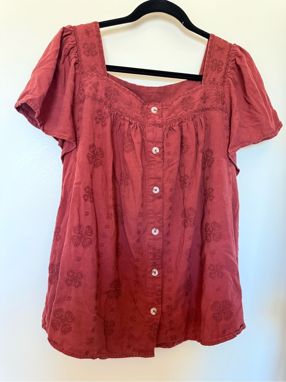 Torrid Beach Linen Eyelet Trim Button Up Embroidered Flutter Sleeve Top Red 1X